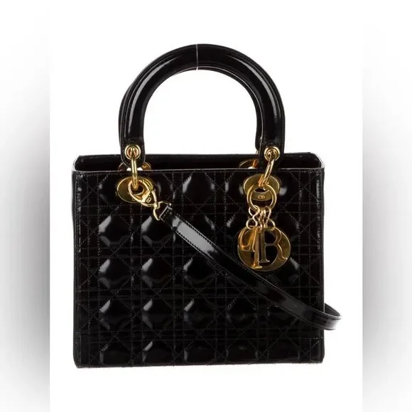 Christian Dior Vintage Medium Lady Dior Black Patent Cannage Bag Gold Hardware - Picture 8 of 14